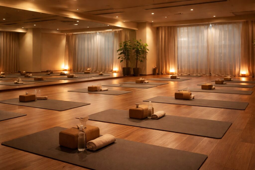 ホットヨガスタジオの室内　ヨガマットが並ぶ暖かいスタジオ