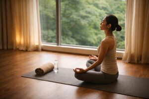 ホットヨガ後に深呼吸してリラックスするイメージ