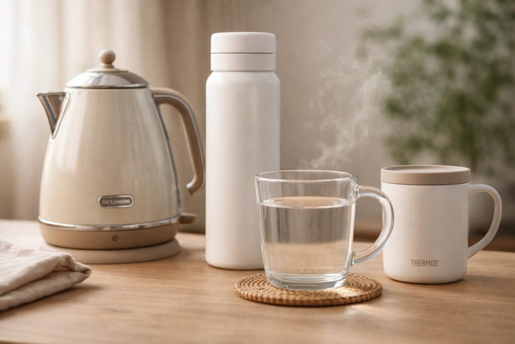 白湯を持ち歩くステンレス水筒と保温マグカップ